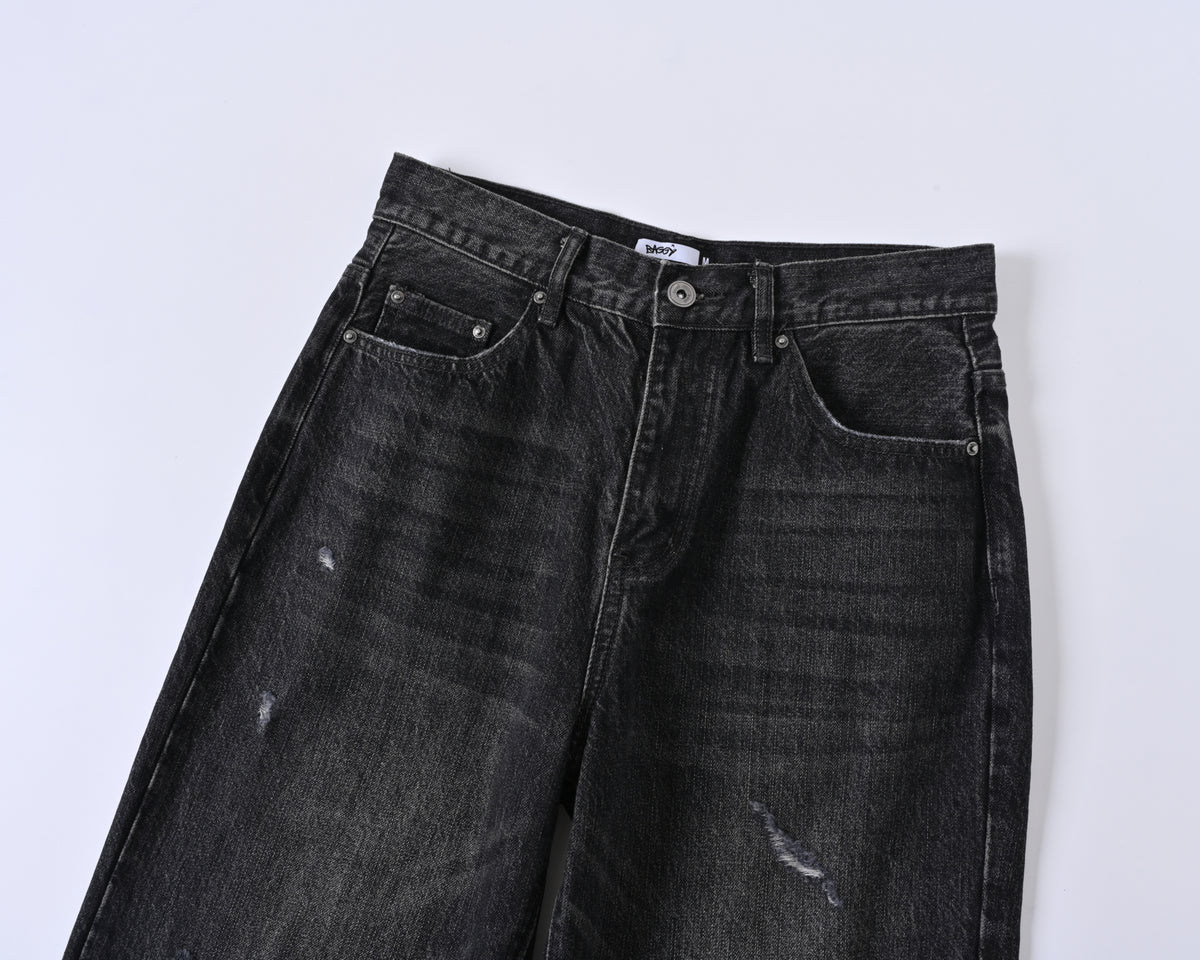 Black Worn Bootcut Denim V1 front waist detail