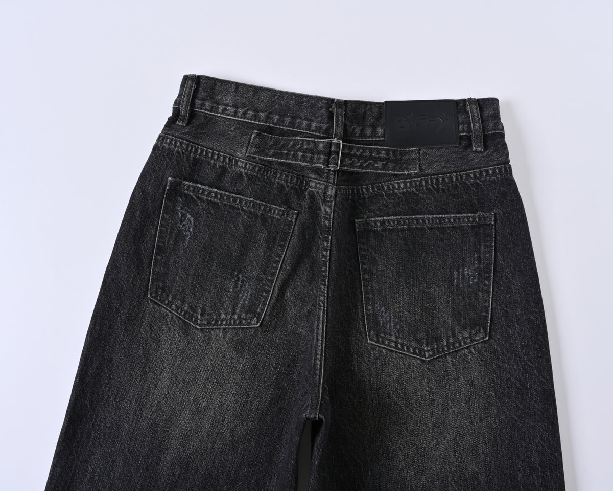 Black Worn Bootcut Denim V1 back pocket detail