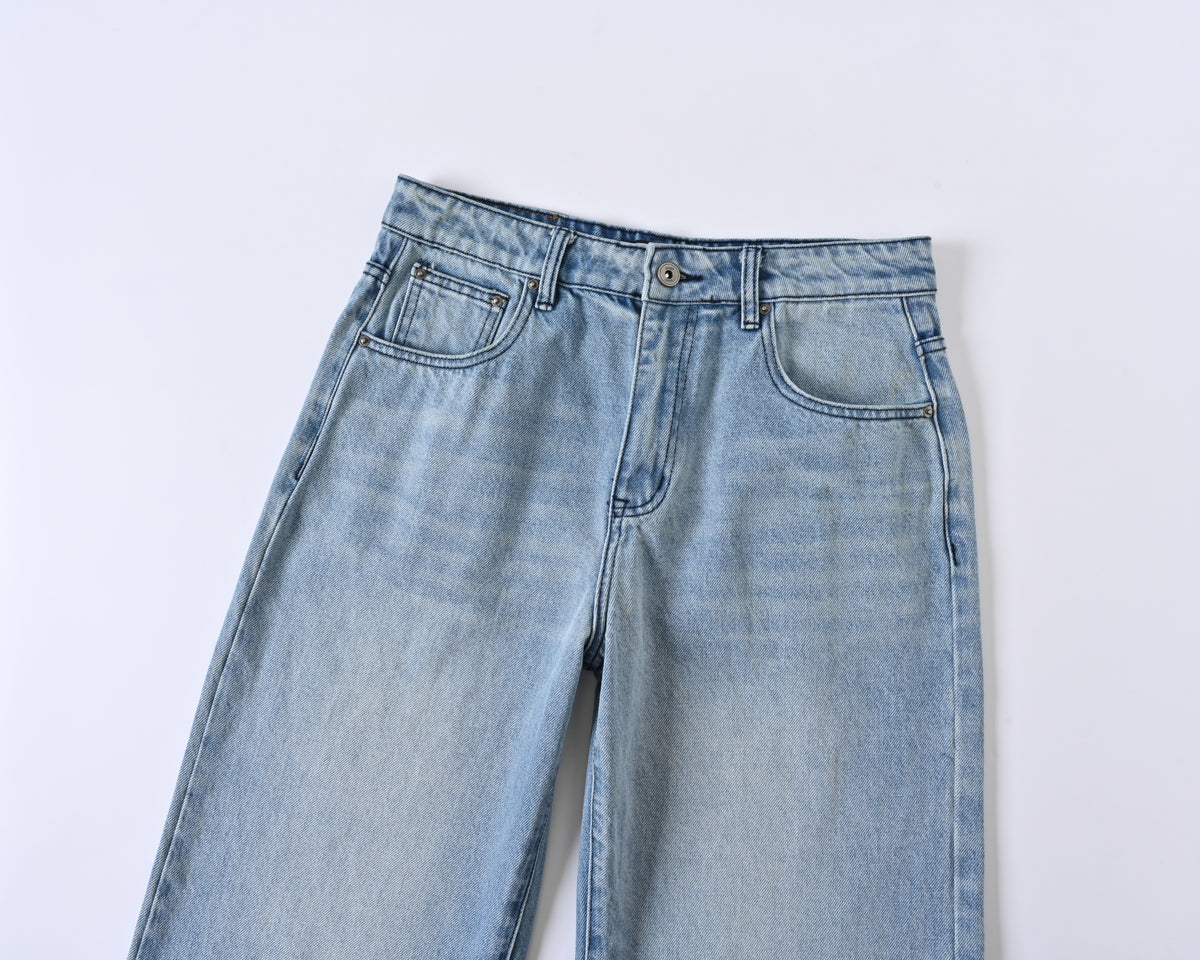 Light Blue Wide Leg Denim front waist detail